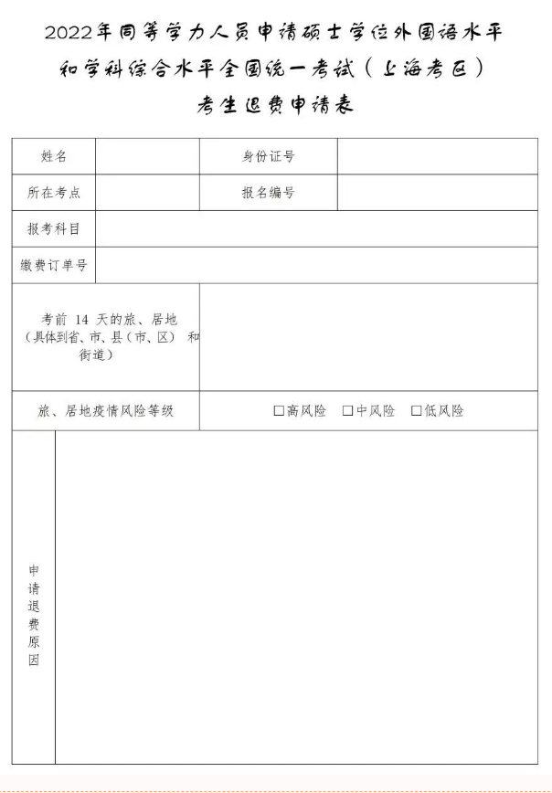 上海考区：2022同等学力人员申请硕士学位外国语水平和学科综合水平全国统一考试考生因疫情缺考申请退费的通知